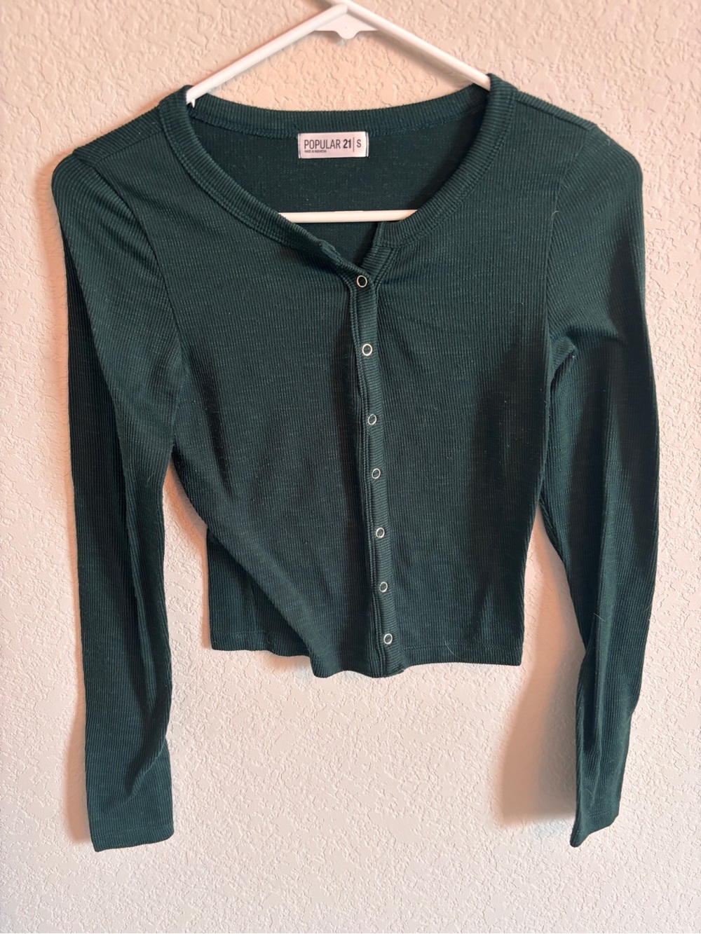 Popular 21 Dark Green Ribbed Button-Front Women's Top